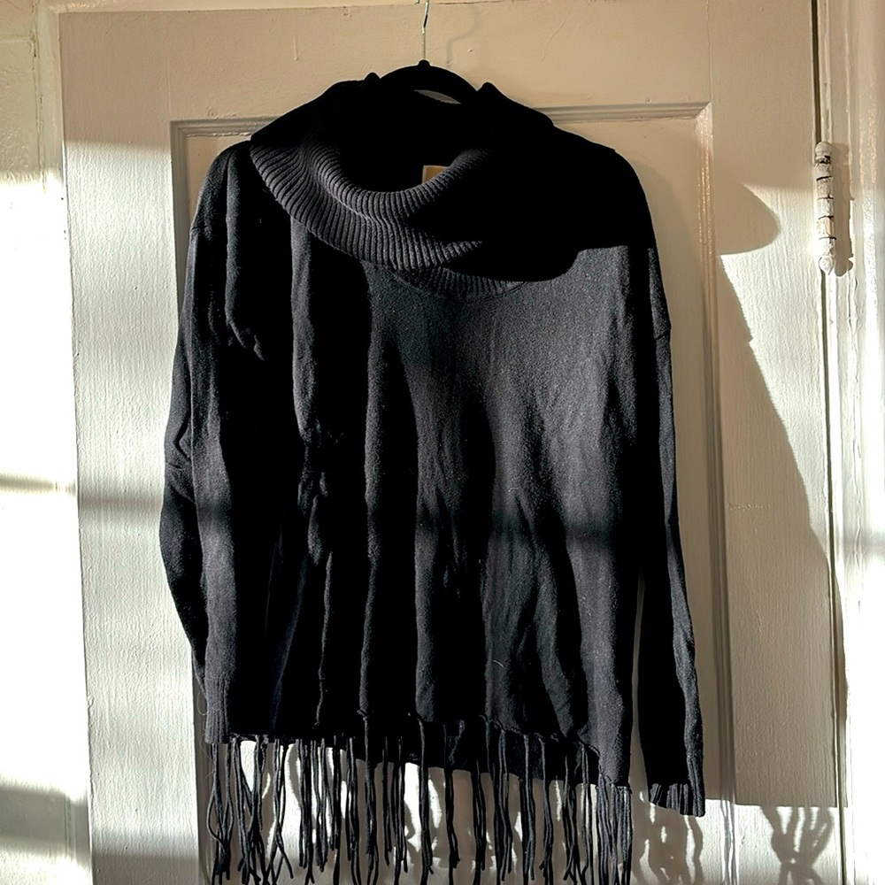 Black cowl neck sweater with fringe